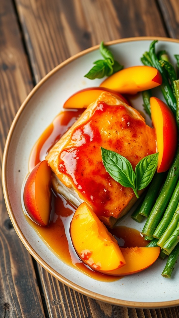 Peach glazed salmon served on a plate with fresh peaches and basil, alongside steamed vegetables.